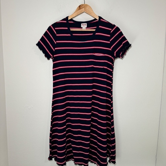Mossimo Navy & Red Striped Ribbed Knit Dress Women’s LG Y2K Ruffle Casual - Picture 1 of 4